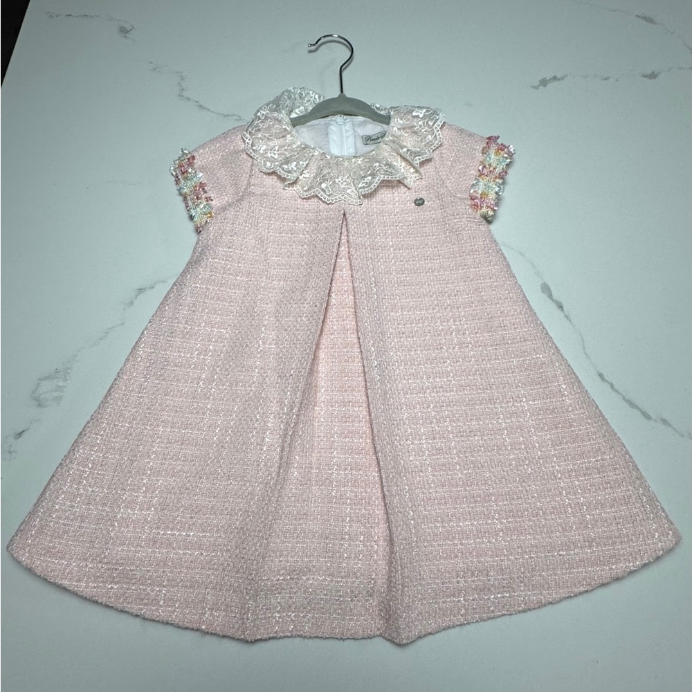 Pink Tweed Baby Dress with Lace Collar
